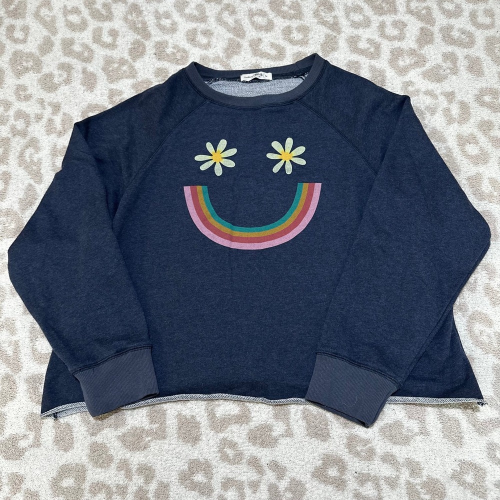 Natural Life Sweatshirt Navy Blue Daisy Rainbow Smiley Face Cropped Pullover L